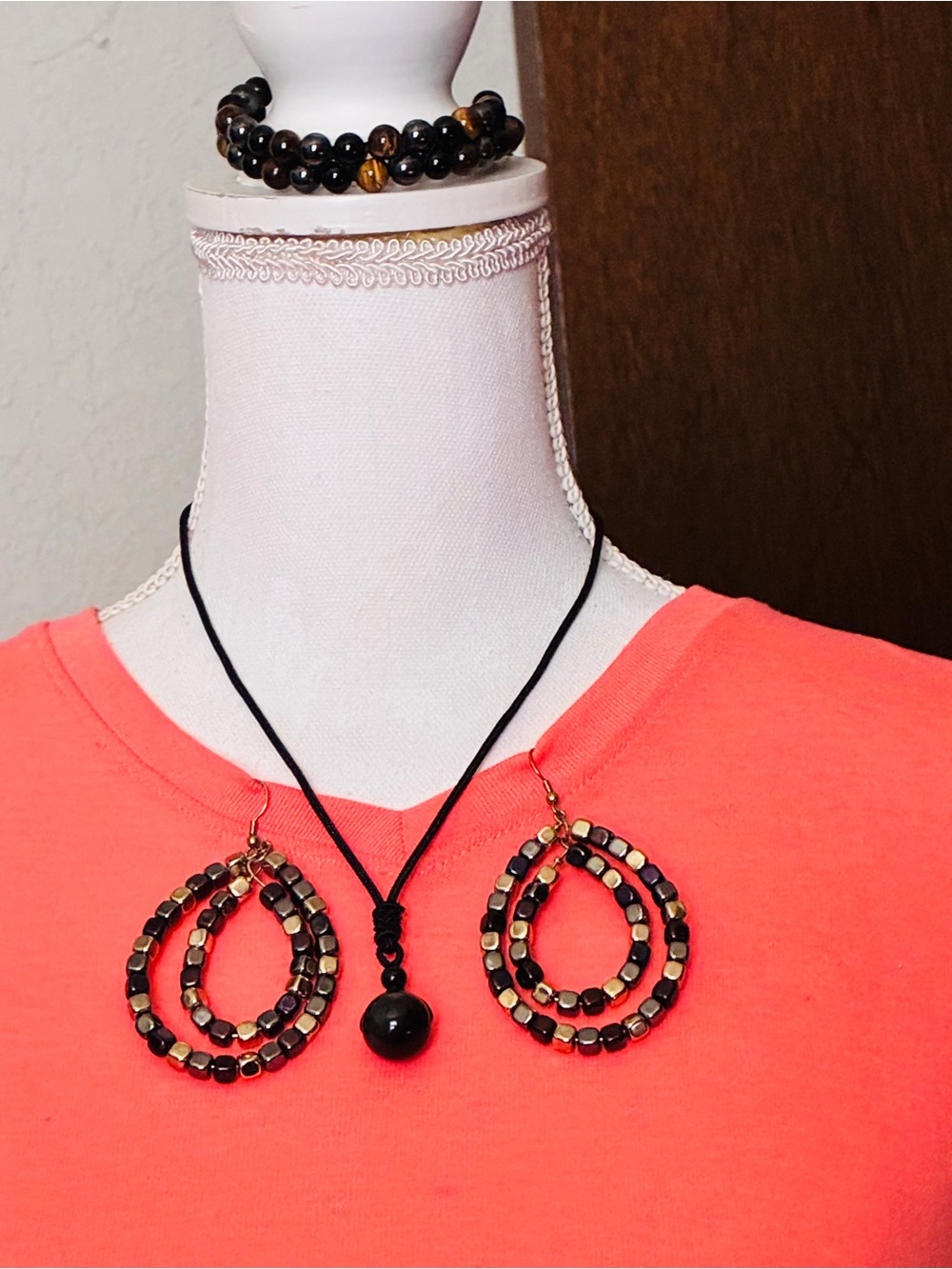 Black and Gold Beaded Hook Earrings, Bracelet And Necklace
